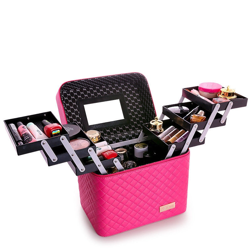 Professional Women Large Capacity Makeup Fashion Toiletry Cosmetic Bag Multilayer Storage Box Portable Make Up Suitcase - The Online Oasis