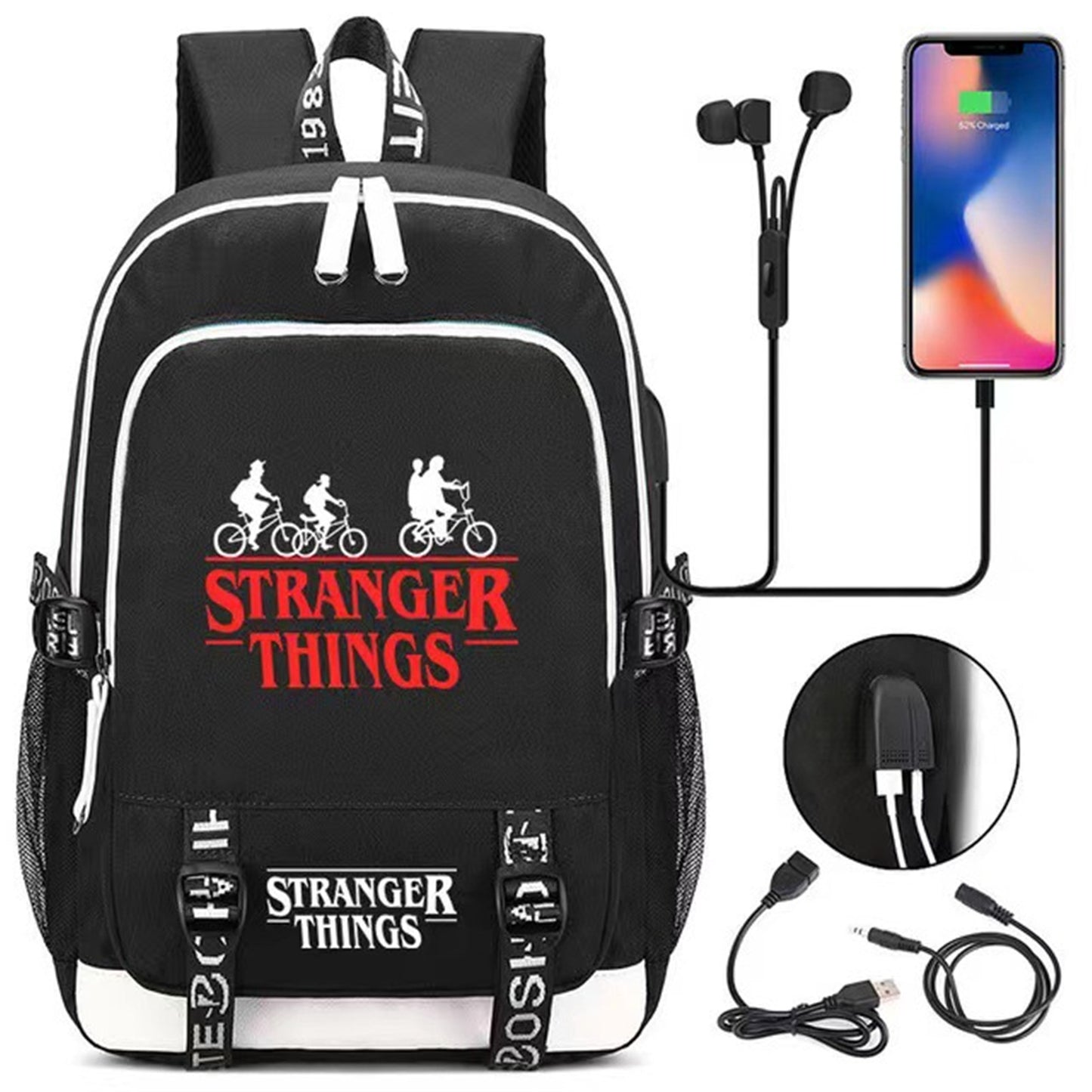 Ride The Bike Down World Of Stranger Backpack Dream Of Exploring Things Laptop Daypack With USB Charging Sport Bag For Men Women Boy Girl Boys Black - The Online Oasis