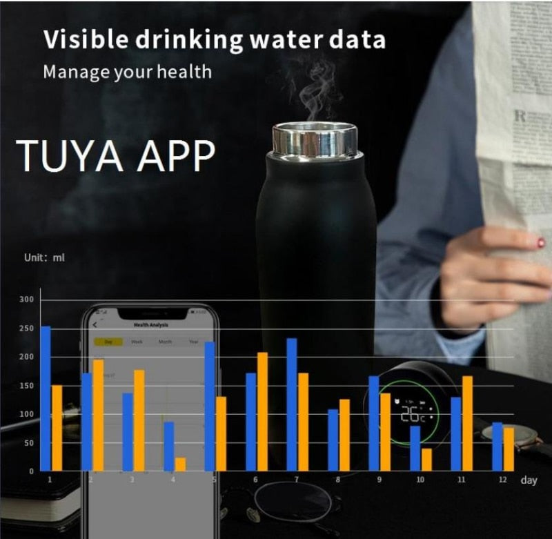 TUYA Smart Water Bottle 24-hour Insulation Monitoring Timing Reminder with LCD - The Online Oasis